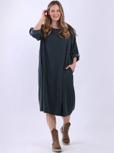 Plus Size Plain Cotton Corduroy Midi Dress