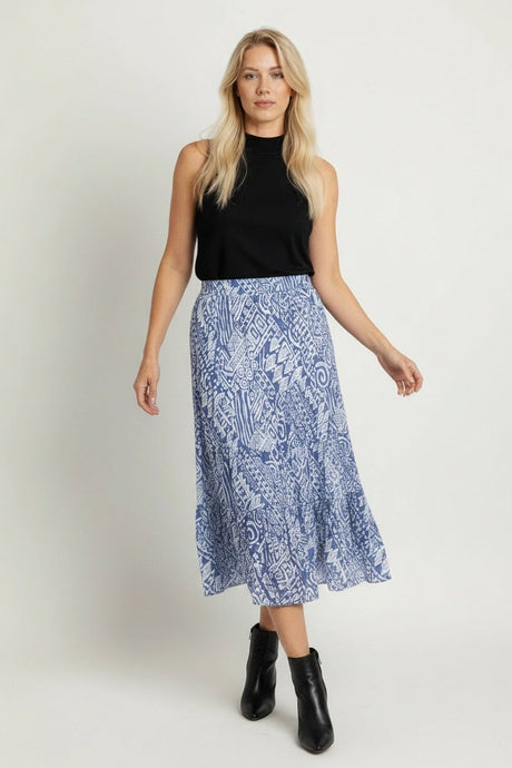 Geometric Print Tiered Skirt Denim