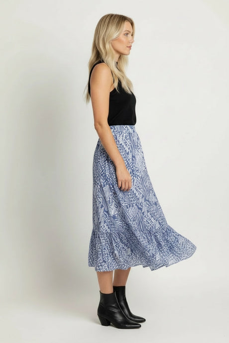 Geometric Print Plus Size Tiered Denim Skirt