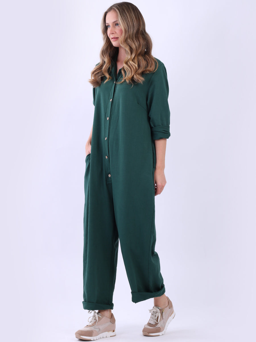 Ladies Button Down High Waist Cotton Jumpsuit