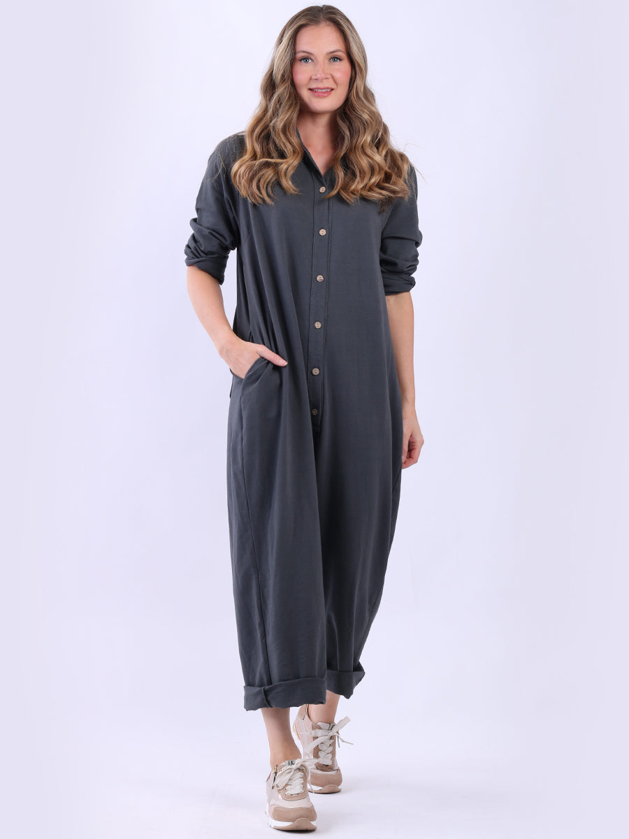 Ladies Button Down High Waist Cotton Jumpsuit