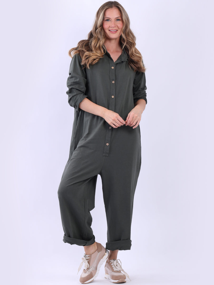 Ladies Button Down High Waist Cotton Jumpsuit