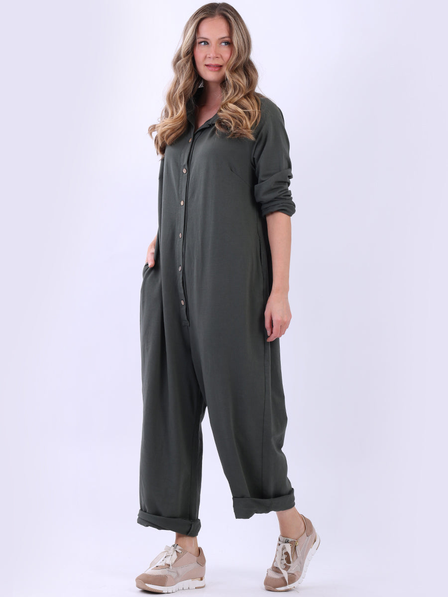 Ladies Button Down High Waist Cotton Jumpsuit