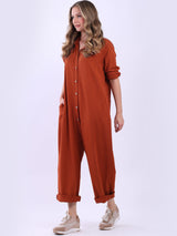 Ladies Button Down High Waist Cotton Jumpsuit