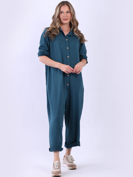 Ladies Button Down High Waist Cotton Jumpsuit