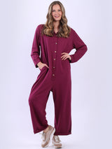 Ladies Button Down High Waist Cotton Jumpsuit