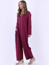 Ladies Button Down High Waist Cotton Jumpsuit