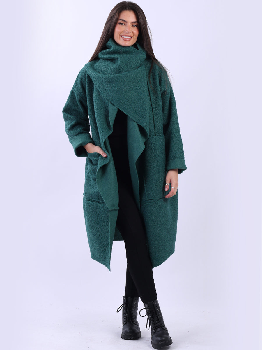 Ladies Cowl Neck Woolen Oversized Coat Bottle Green One Size UK 16 24