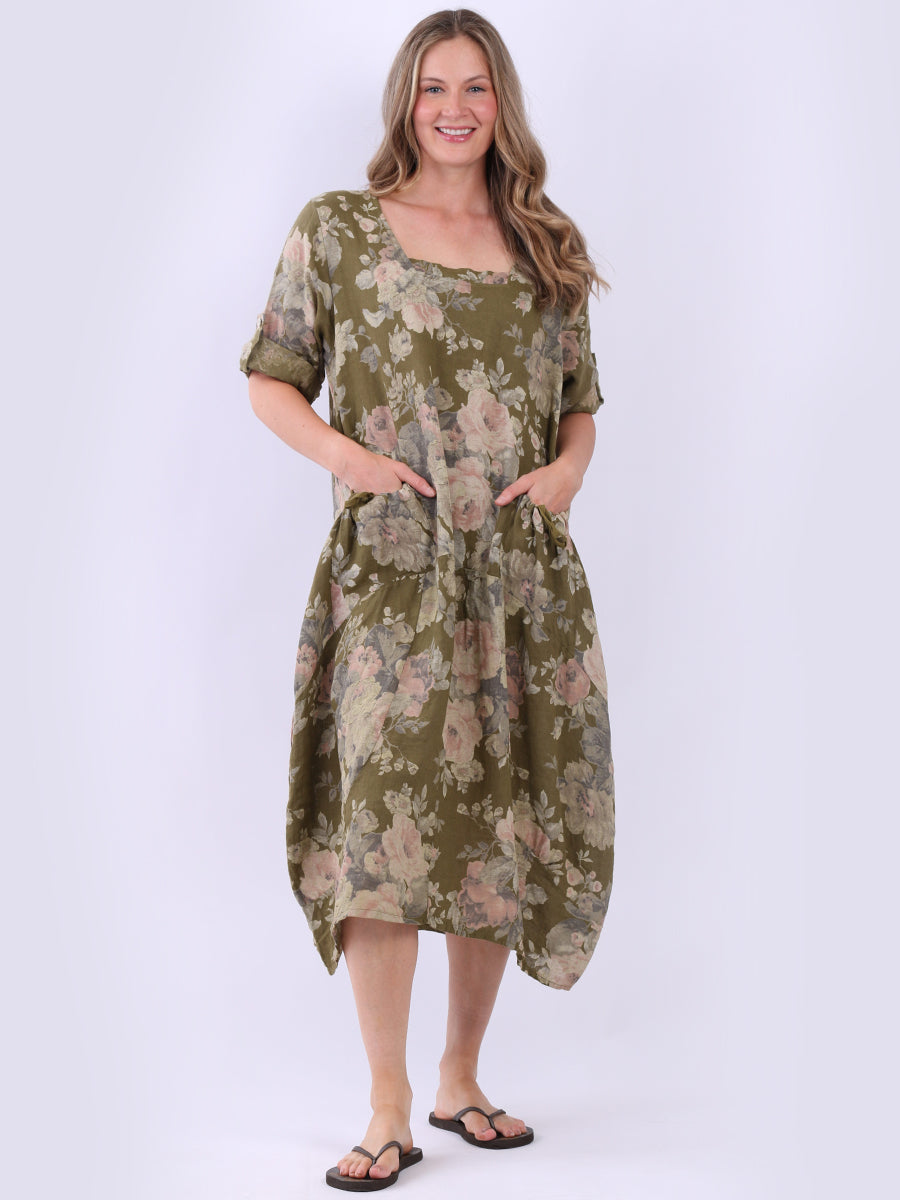 Italian Floral Linen Lagenlook Dress Olive