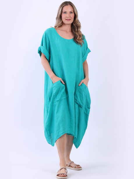 Ladies Front Pockets Plain Linen Dress