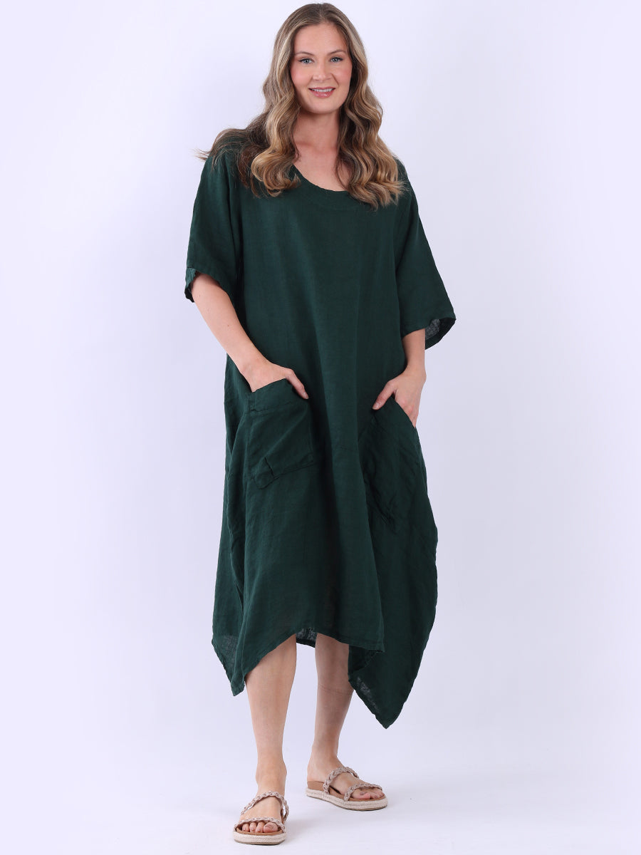 Ladies Front Pockets Plain Linen Dress