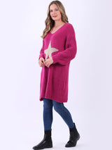 Ladies Lagenlook Star Pattern Long Wooly Jumper