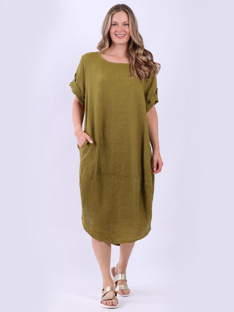 Plain Linen Tabbed Sleeves Slouchy Dress