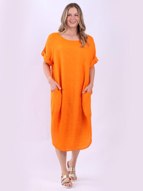 Plain Linen Tabbed Sleeves Slouchy Dress