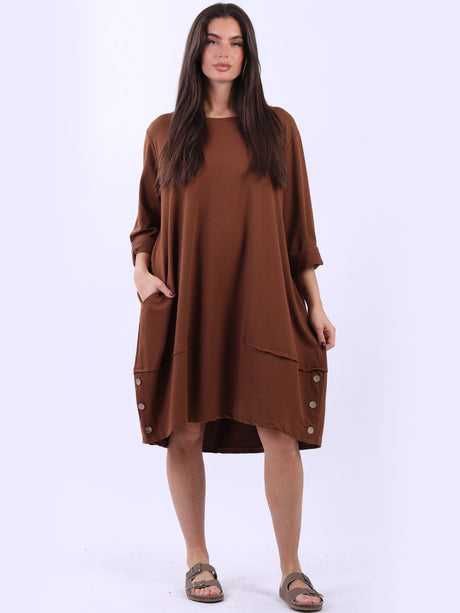 Ladies Plain Buttoned Hem Cotton Slouch Dress