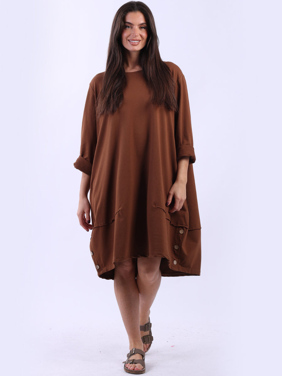 Ladies Plain Buttoned Hem Cotton Slouch Dress