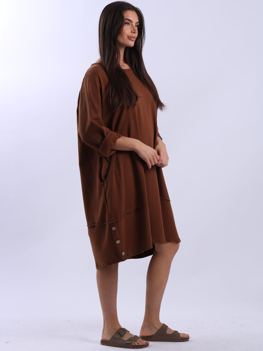 Ladies Plain Buttoned Hem Cotton Slouch Dress
