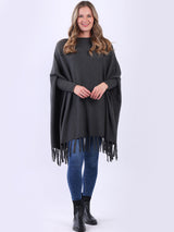 Plain Ribbed Knitted Fringed Tunic Poncho