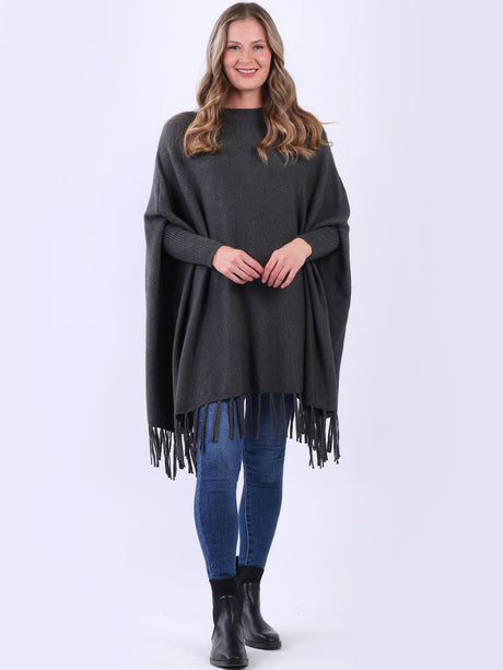 Plain Ribbed Knitted Fringed Tunic Poncho