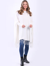 Plain Ribbed Knitted Fringed Tunic Poncho