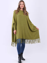 Plain Ribbed Knitted Fringed Tunic Poncho