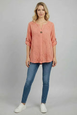 Tabbed Sleeves Floral Applique Cotton Top