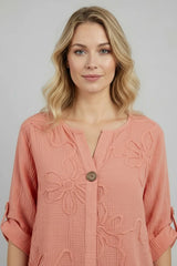 Tabbed Sleeves Floral Applique Cotton Top