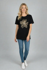 Sequin Flower Baggy T-Shirt Black