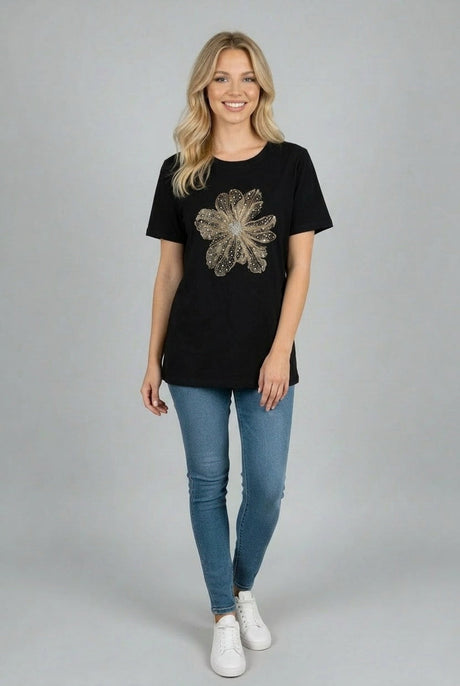 Sequin Flower Baggy T-Shirt Black