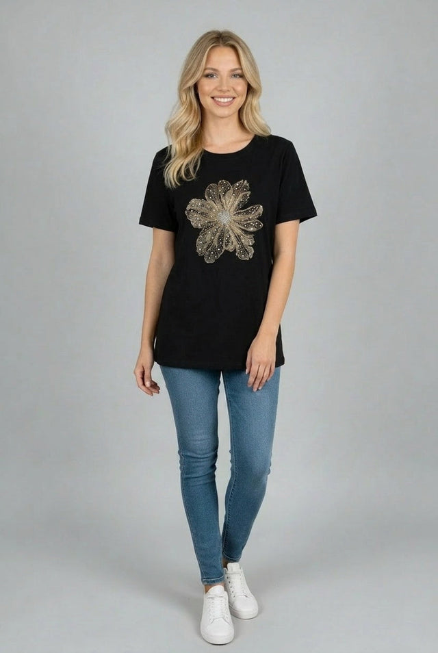 Sequin Flower Baggy T-Shirt Black