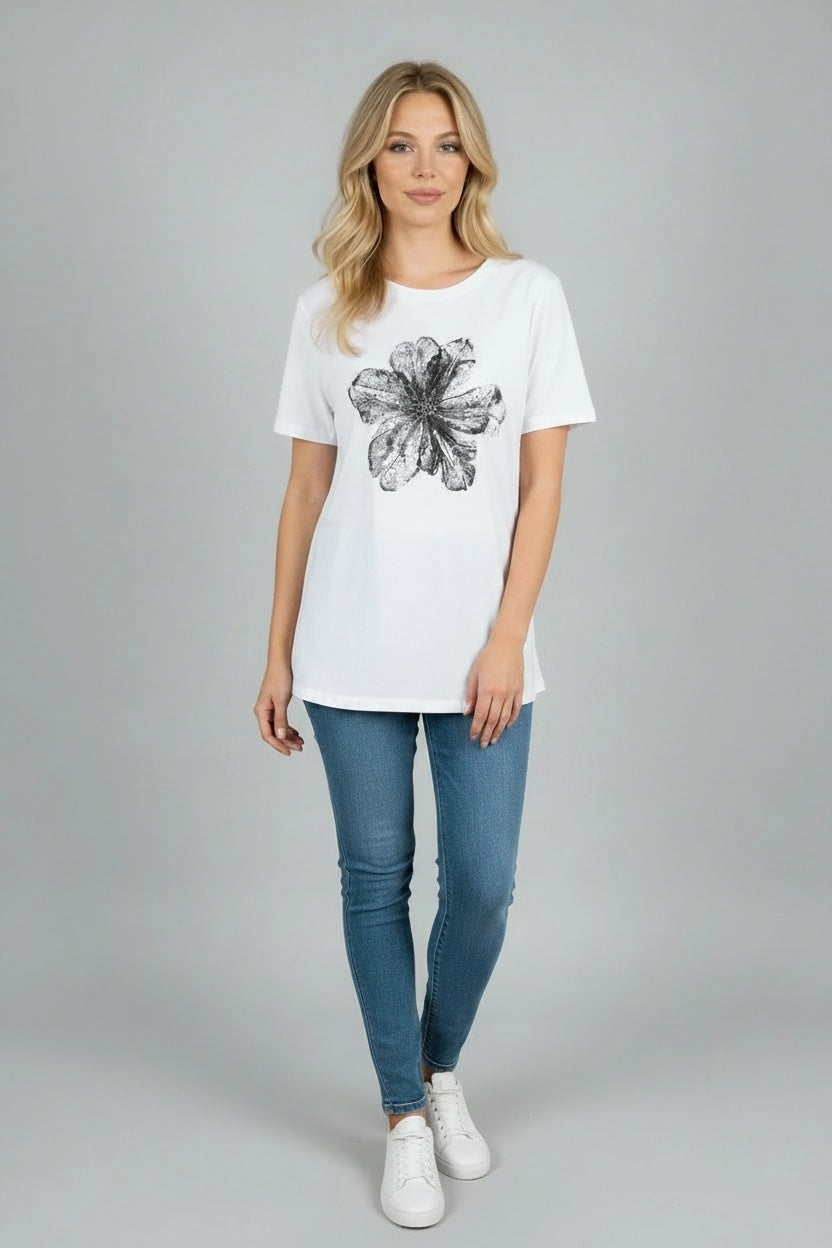 Sequin Flower Baggy T-Shirt White