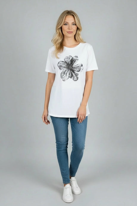 Sequin Flower Baggy T-Shirt White