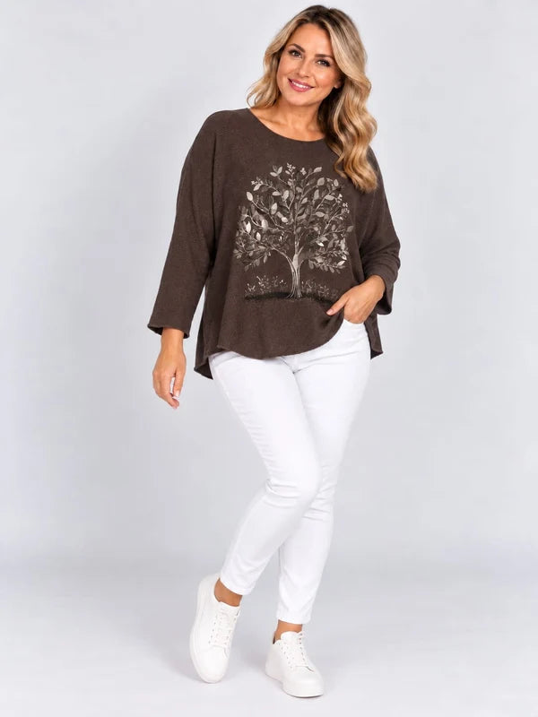 Sequin Foil Tree Knit Jumper Chocolate