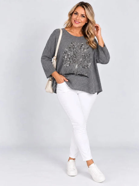 Sequin Foil Tree Knit Jumper Dark Grey 