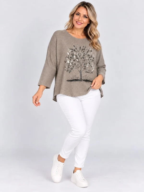 Sequin Foil Tree Knit Jumper Mocha 