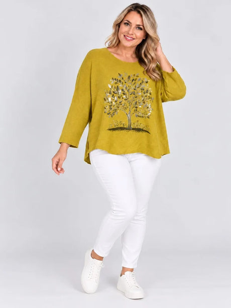 Sequin Foil Tree Knit Jumper Mustard 