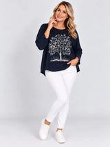 Sequin Foil Tree Knit Jumper Navy 