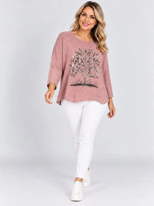Sequin Foil Tree Knit Jumper Pink