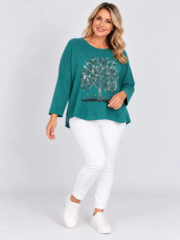 Sequin Foil Tree Knit Jumper Teal