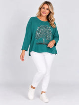 Sequin Foil Tree Knit Jumper Teal