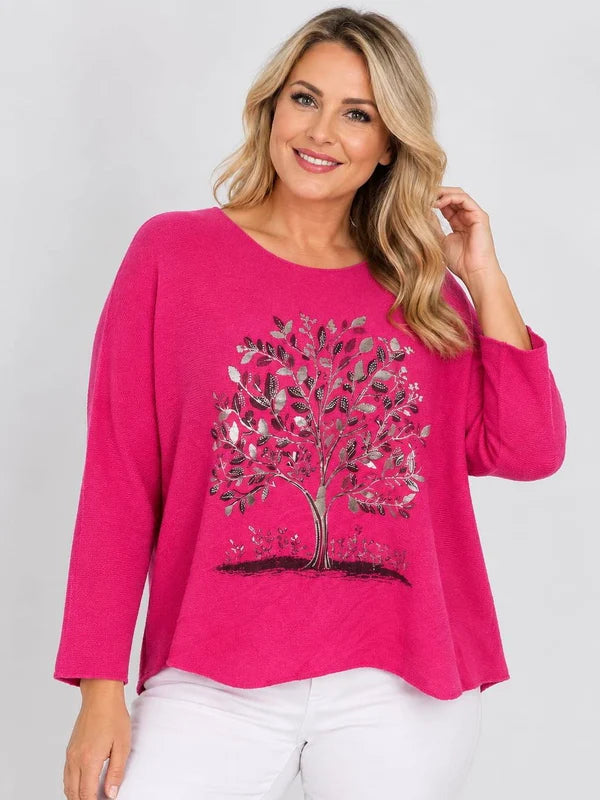 Sequin Foil Tree Knit Jumper Fuchsia