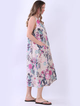 Women Sleeveless Linen Floral Dress