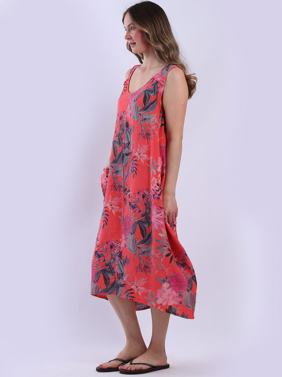 Women Sleeveless Linen Floral Dress