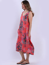 Women Sleeveless Linen Floral Dress