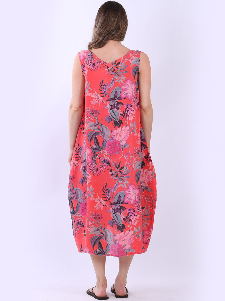 Women Sleeveless Linen Floral Dress