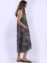 Women Sleeveless Linen Floral Dress