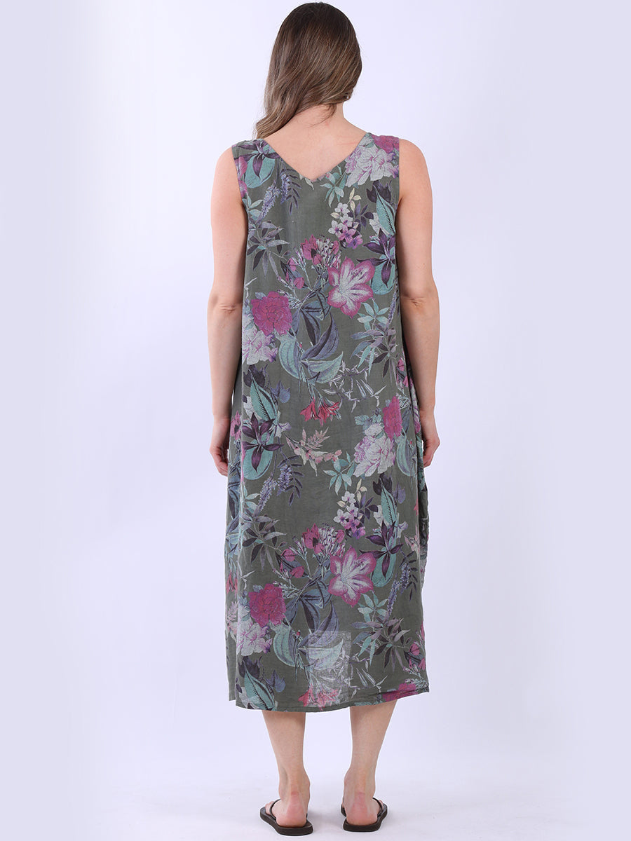 Women Sleeveless Linen Floral Dress