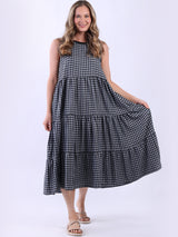 A Line Gingham Sleeveless Tiered Midi Dress