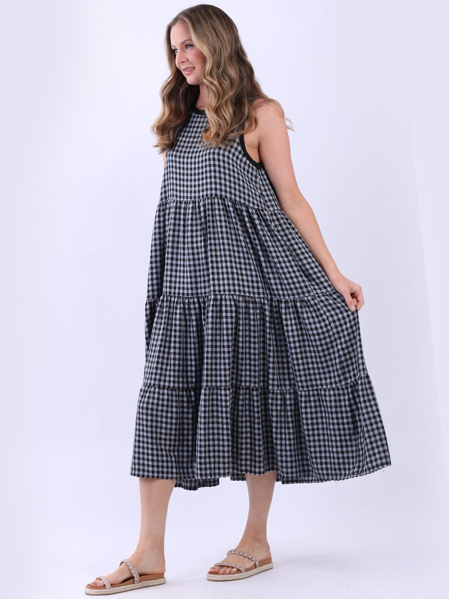 A Line Gingham Sleeveless Tiered Midi Dress