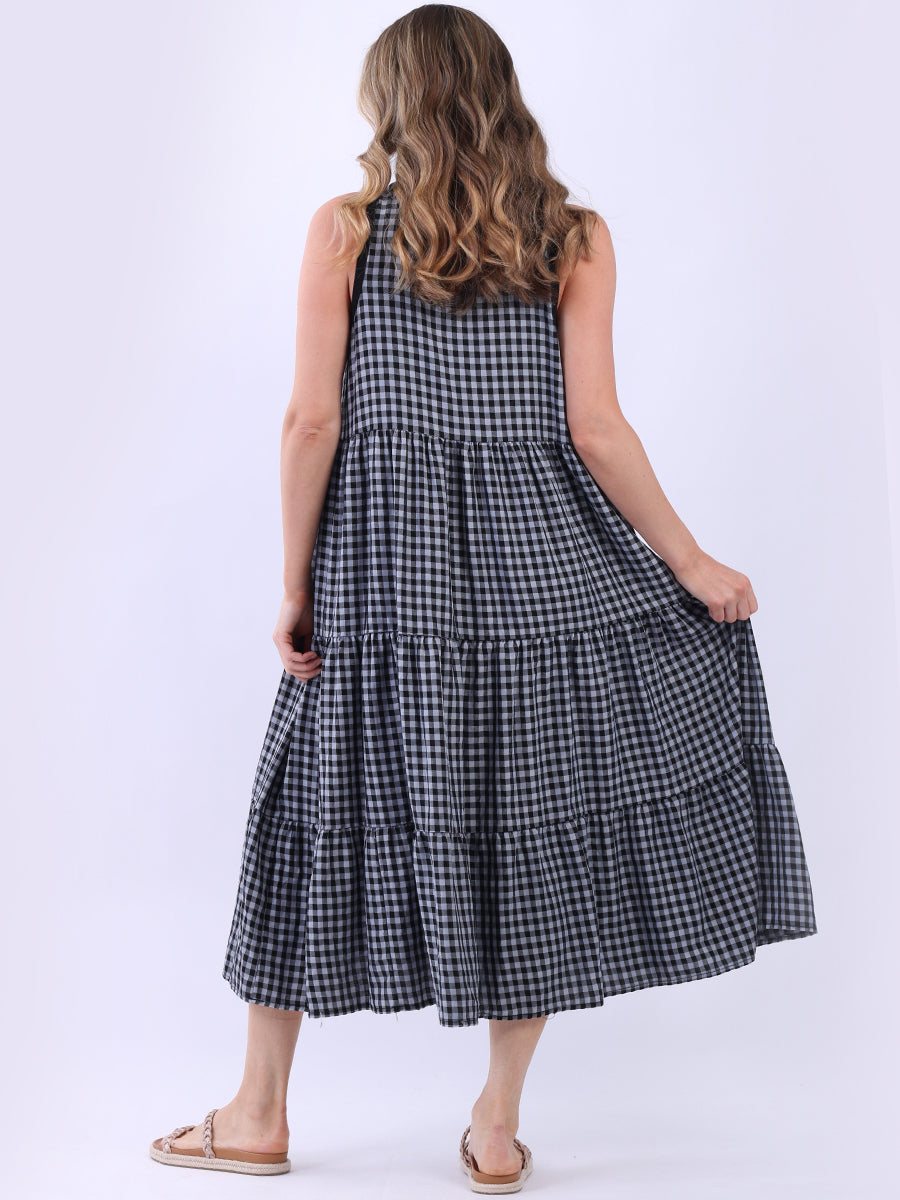 A Line Gingham Sleeveless Tiered Midi Dress